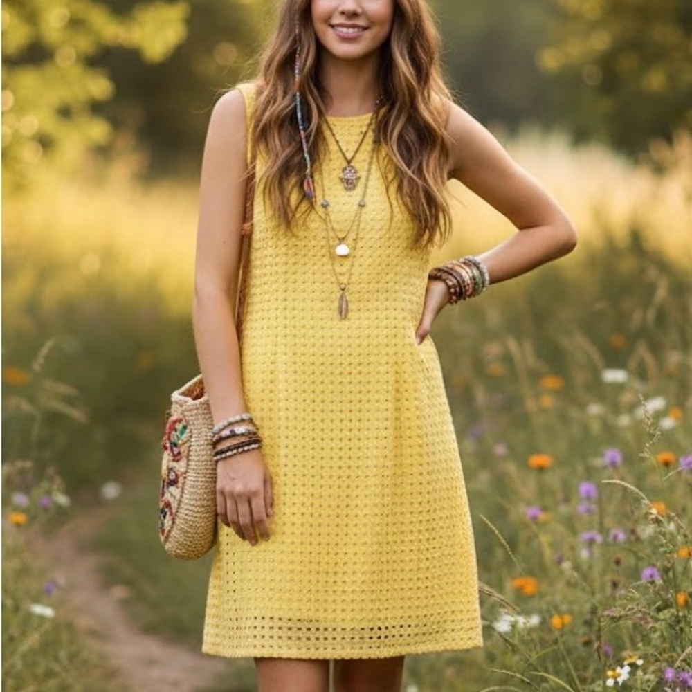 ALFRED SUNG Vintage Quite Luxury Yellow Eyelet Embroidered Sleeveless Dress 8